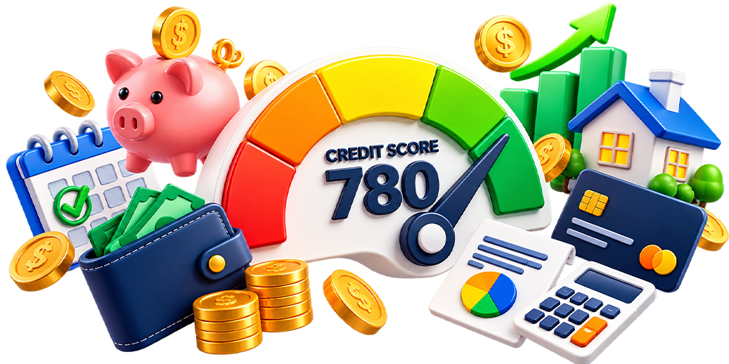 Financial tools surrounding a 780 credit score gauge